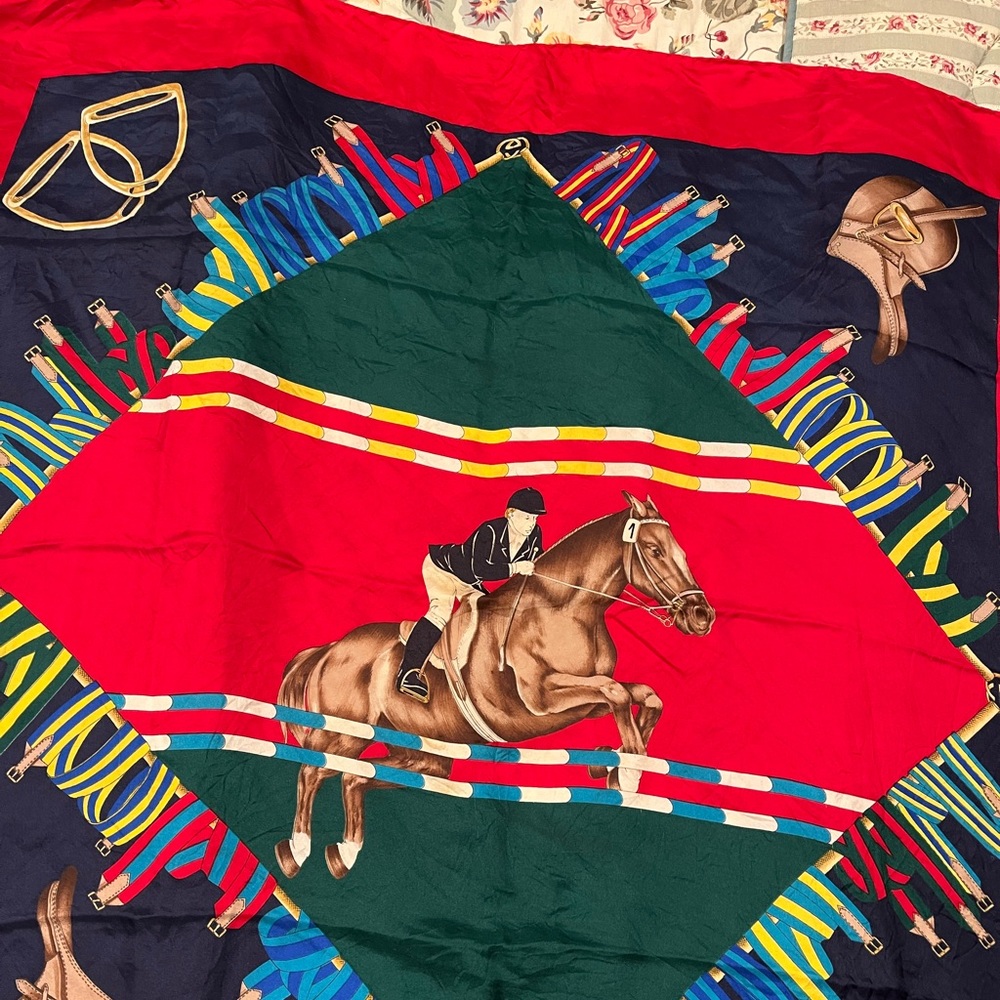 Gucci vintage silk scarf equestrian print minor wear.